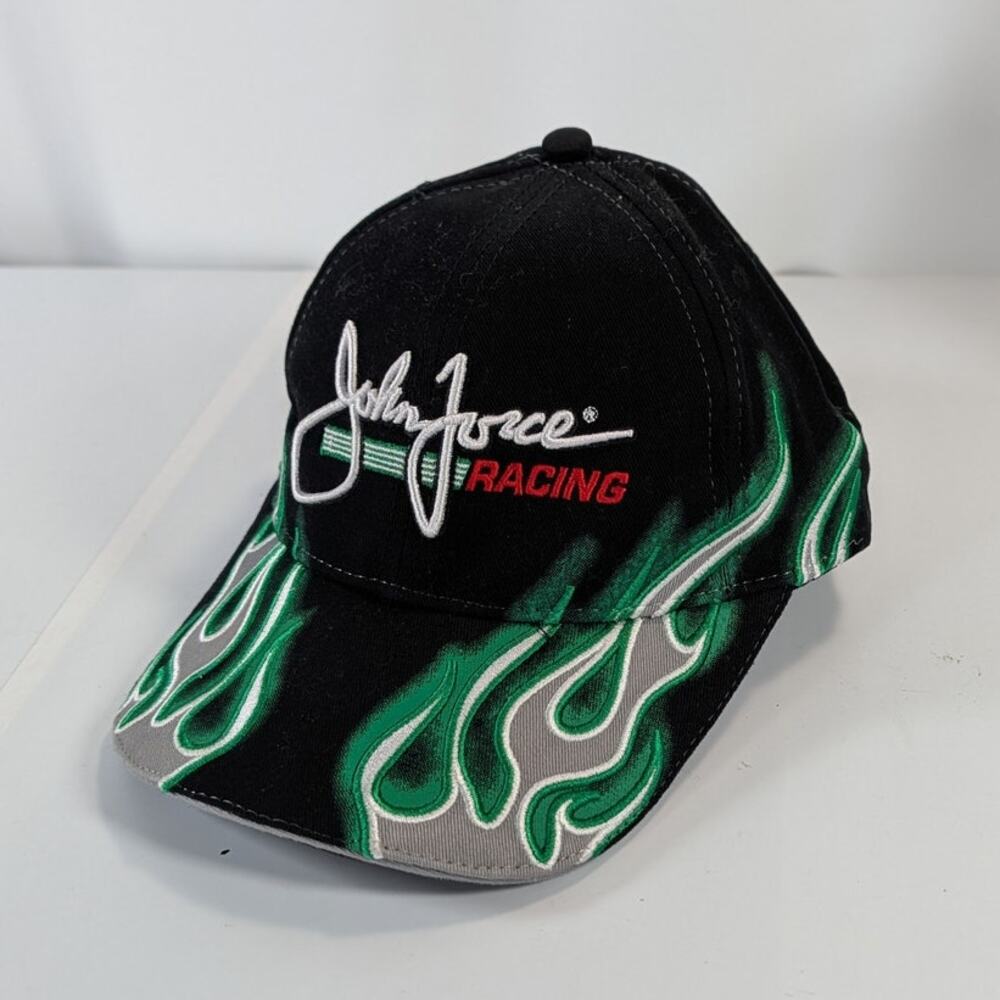 Rare John Force Racing NHRA Flames Strapback Cap Hat Green Gray Black Main Gate